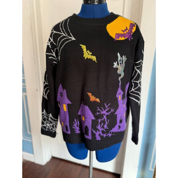 VTG 90s-Y2K Sequins + Sparkly Glitter Haunted House Ghosts Bats Spider Web Cozy - Picture 1 of 6